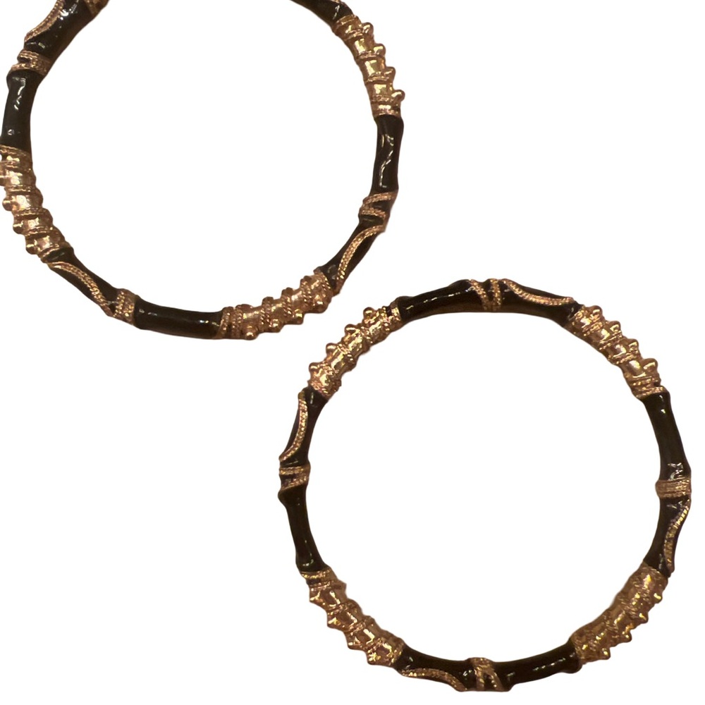 Susan Graver 2 Bangle Gold and Black Enamel Hoop Bracelets